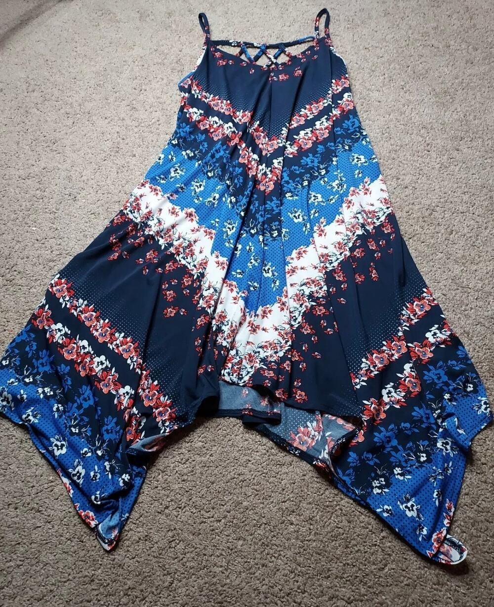 Maruices Small V Neck Floral Chevron Sharkbite Hem Dress Blue Orange & White